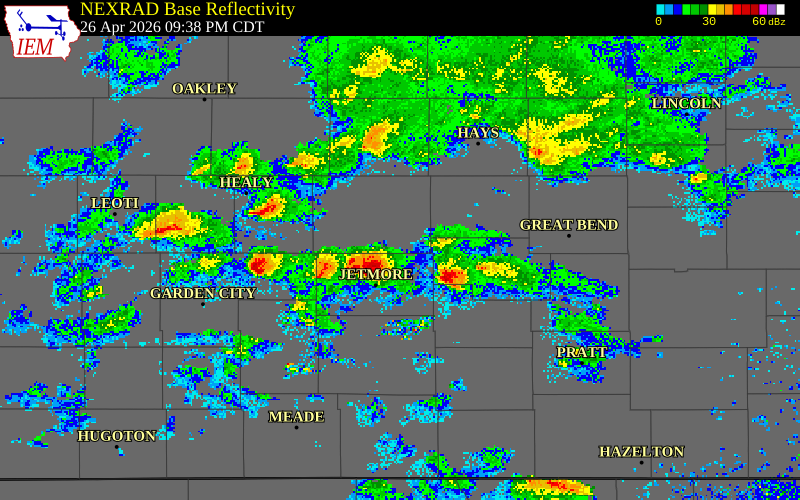 NEXRAD radar during the Sunday, April 26, 2026 storm activity in Rush County, Kansas