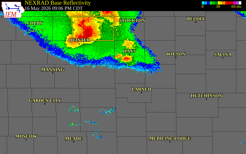 NEXRAD radar during the Saturday, May 16, 2026 storm activity in Rush County, Kansas