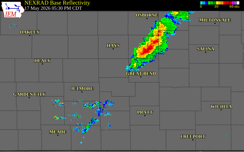 NEXRAD radar during the Sunday, May 17, 2026 storm activity in Rush County, Kansas
