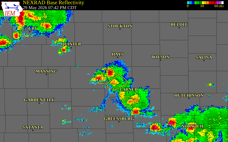 NEXRAD radar during the Friday, May 29, 2026 storm activity in Rush County, Kansas