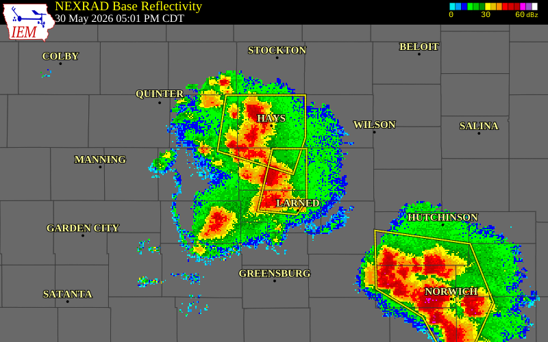 NEXRAD radar during the Saturday, May 30, 2026 storm activity in Rush County, Kansas