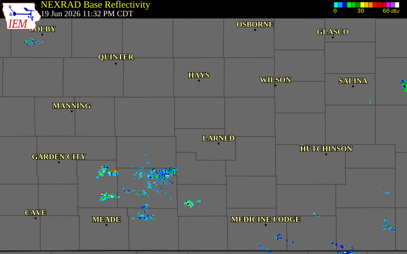 NEXRAD radar during the Friday, June 19, 2026 storm activity in Rush County, Kansas