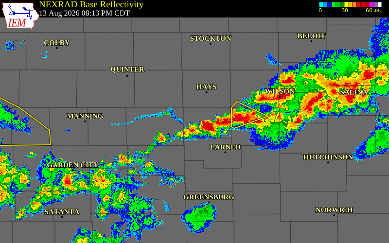 NEXRAD radar during the Thursday, August 13, 2026 storm activity in Rush County, Kansas