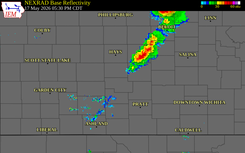 Radar snapshot during the May 17, 2026 tornado event near 6 NNE Ash Valley, Rush County, Kansas, with NWS warning polygons