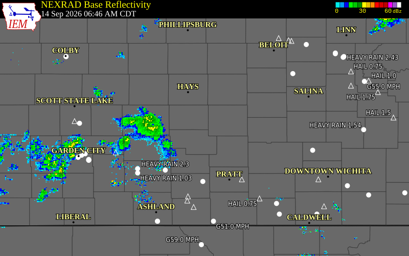 Current NEXRAD radar over Rush County, Kansas with recent storm report locations