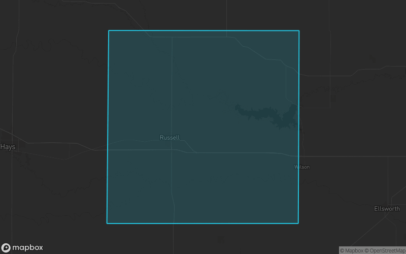 Map of Russell County, Kansas showing the county boundary and surrounding cities