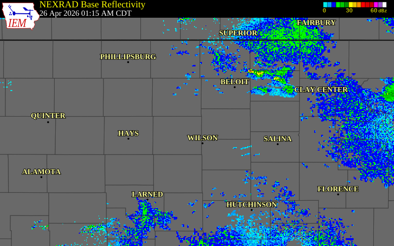 NEXRAD radar during the Sunday, April 26, 2026 storm activity in Russell County, Kansas