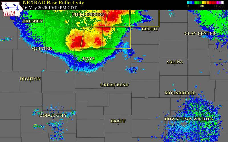 NEXRAD radar during the Saturday, May 16, 2026 storm activity in Russell County, Kansas