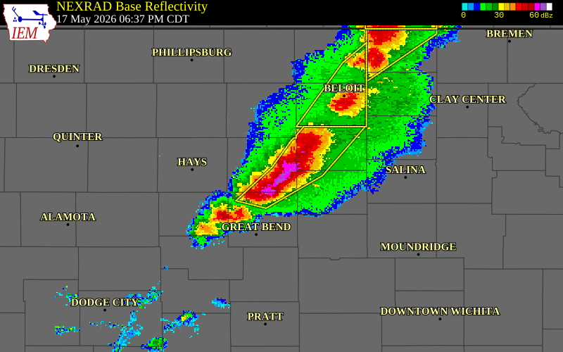 NEXRAD radar during the Sunday, May 17, 2026 storm activity in Russell County, Kansas