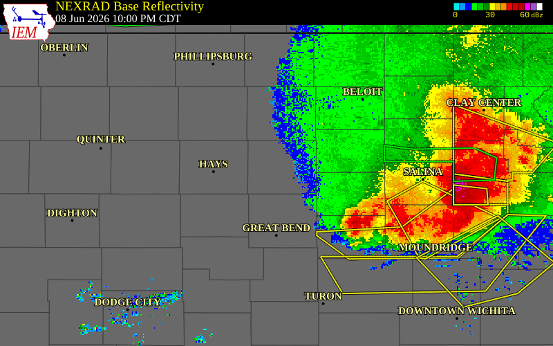 NEXRAD radar during the Monday, June 8, 2026 storm activity in Russell County, Kansas