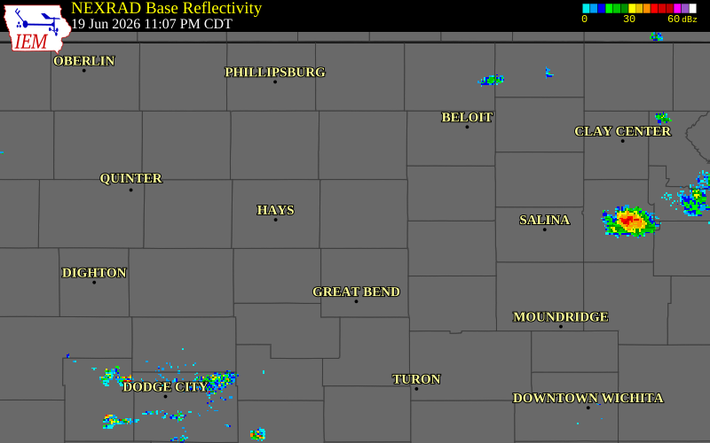 NEXRAD radar during the Friday, June 19, 2026 storm activity in Russell County, Kansas