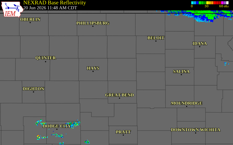 NEXRAD radar during the Saturday, June 20, 2026 storm activity in Russell County, Kansas