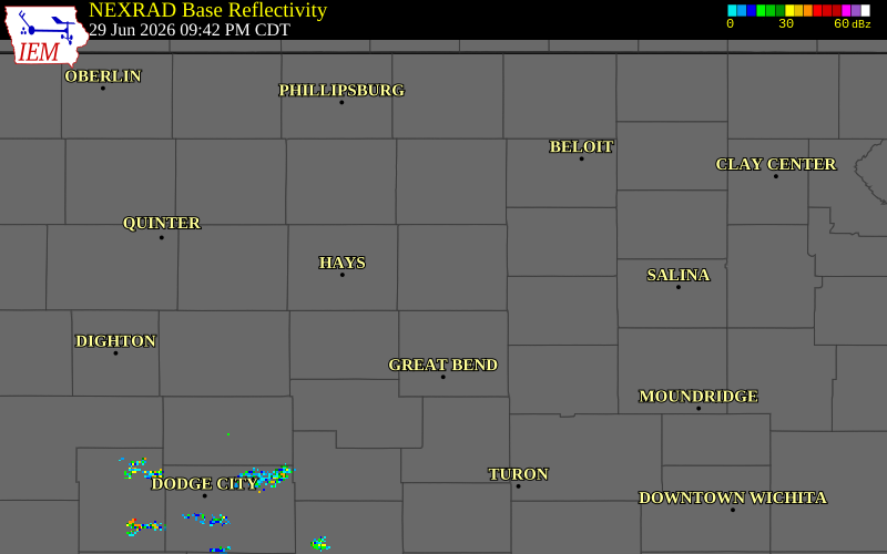 NEXRAD radar during the Monday, June 29, 2026 storm activity in Russell County, Kansas