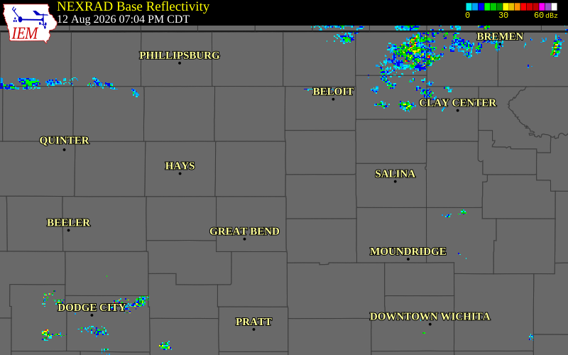 NEXRAD radar during the Wednesday, August 12, 2026 storm activity in Russell County, Kansas
