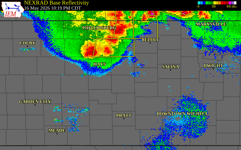 Radar snapshot during the May 16, 2026 hail event near 5 NNW Susank, Russell County, Kansas, with NWS warning polygons