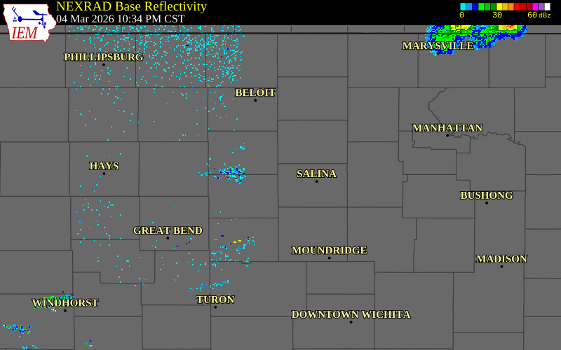 NEXRAD radar during the Wednesday, March 4, 2026 storm activity in Saline County, Kansas