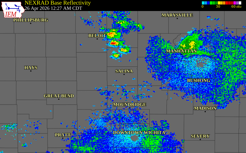NEXRAD radar during the Sunday, April 26, 2026 storm activity in Saline County, Kansas