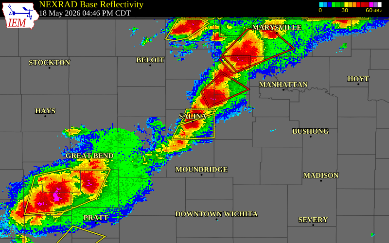 NEXRAD radar during the Monday, May 18, 2026 storm activity in Saline County, Kansas