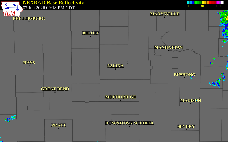 NEXRAD radar during the Sunday, June 7, 2026 storm activity in Saline County, Kansas