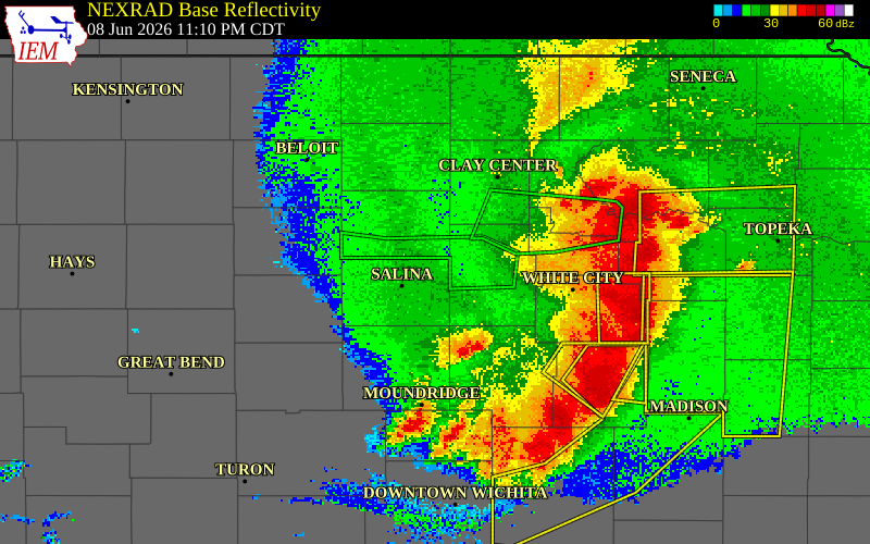 NEXRAD radar during the Monday, June 8, 2026 storm activity in Saline County, Kansas
