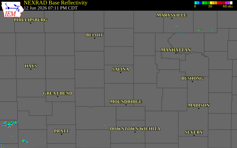NEXRAD radar during the Friday, June 12, 2026 storm activity in Saline County, Kansas