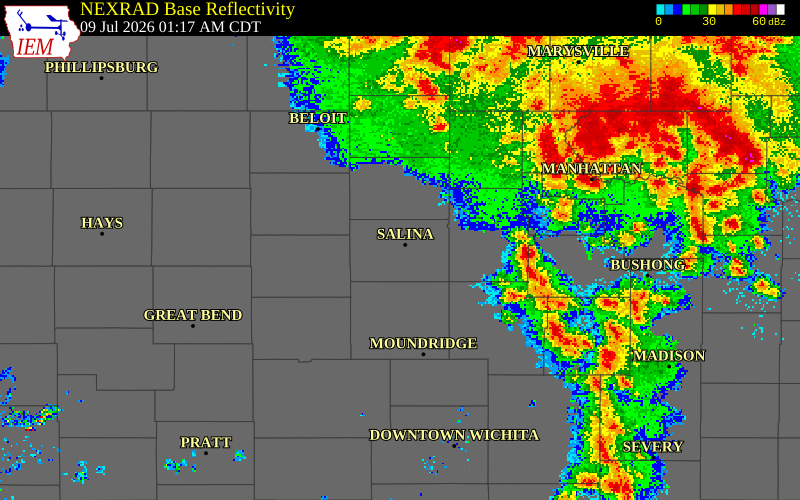 NEXRAD radar during the Thursday, July 9, 2026 storm activity in Saline County, Kansas