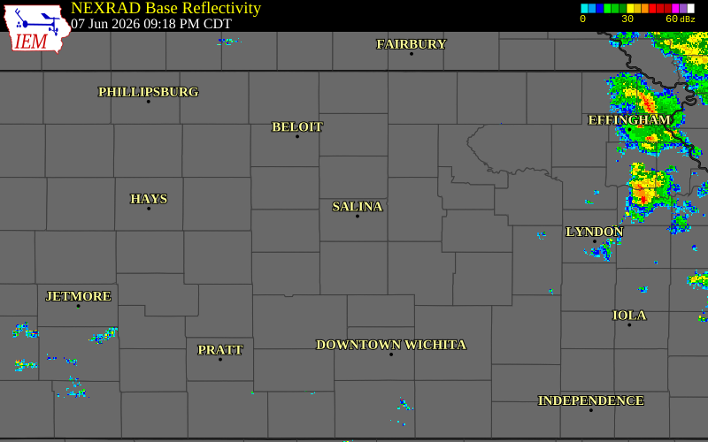 Radar snapshot during the Jun 7, 2026 wind event near 3 SW Salina, Saline County, Kansas, with NWS warning polygons