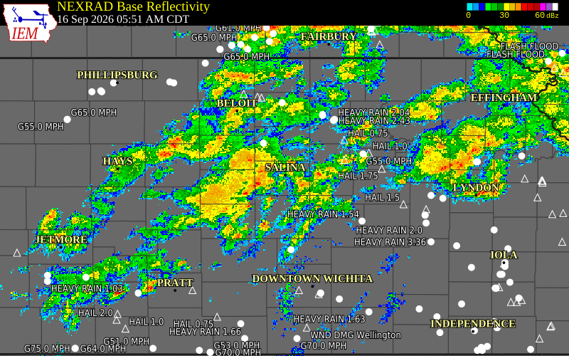 Current NEXRAD radar over Saline County, Kansas with recent storm report locations
