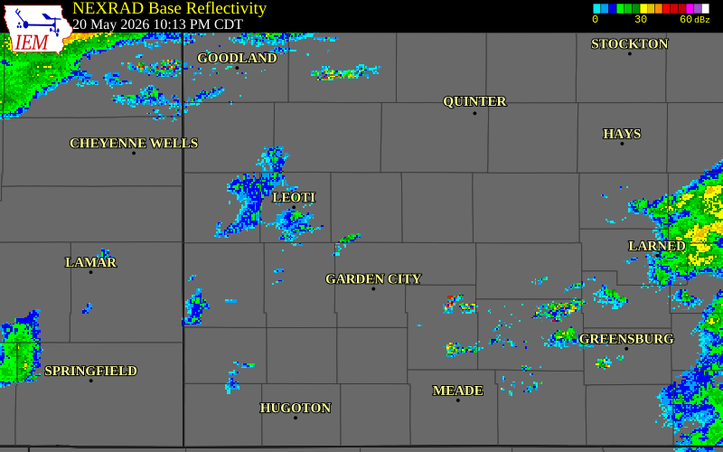 NEXRAD radar during the Wednesday, May 20, 2026 storm activity in Scott County, Kansas