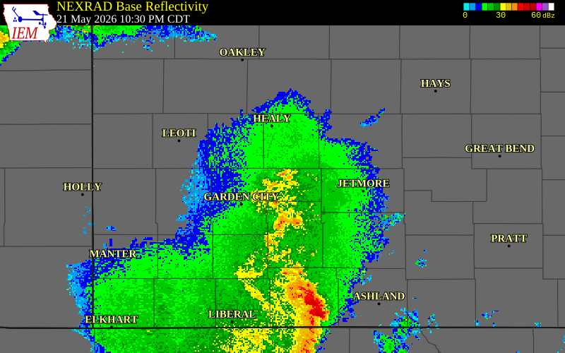 NEXRAD radar during the Thursday, May 21, 2026 storm activity in Scott County, Kansas