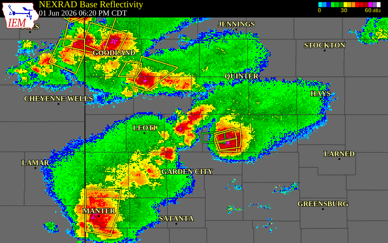 NEXRAD radar during the Monday, June 1, 2026 storm activity in Scott County, Kansas