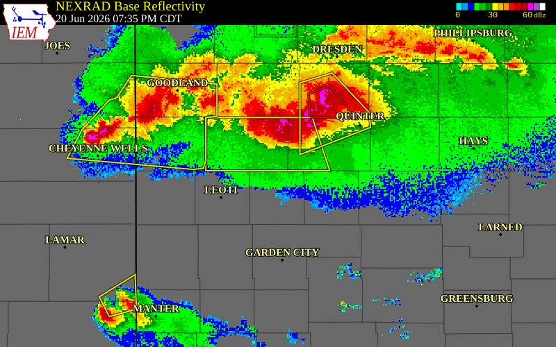 NEXRAD radar during the Saturday, June 20, 2026 storm activity in Scott County, Kansas