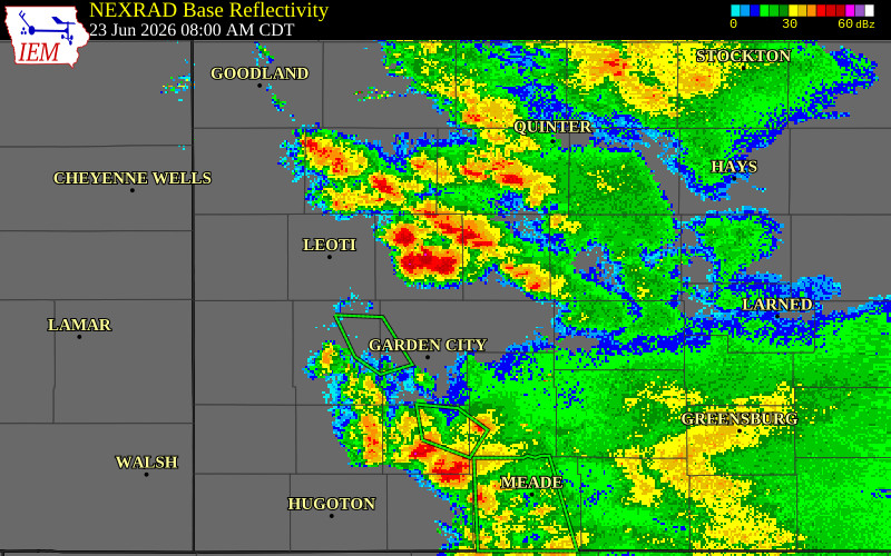 NEXRAD radar during the Tuesday, June 23, 2026 storm activity in Scott County, Kansas