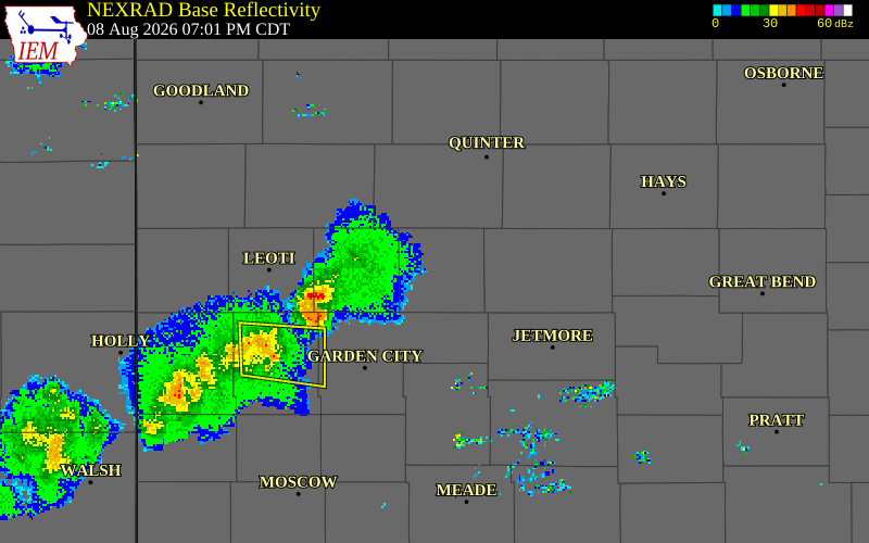 NEXRAD radar during the Saturday, August 8, 2026 storm activity in Scott County, Kansas