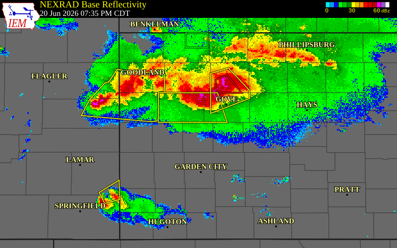 Radar snapshot during the Jun 20, 2026 wind event near 1 ESE Scott State Lake, Scott County, Kansas, with NWS warning polygons