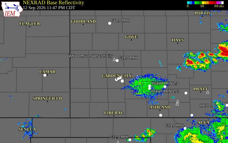 Current NEXRAD radar over Scott County, Kansas with recent storm report locations