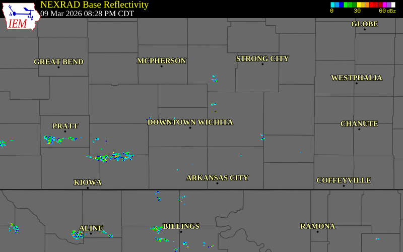NEXRAD radar during the Monday, March 9, 2026 storm activity in Sedgwick County, Kansas