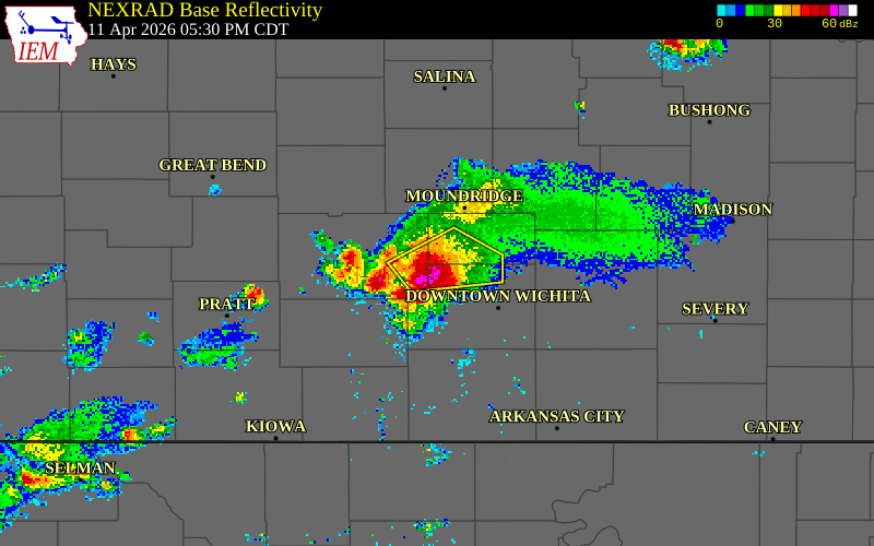 NEXRAD radar during the Saturday, April 11, 2026 storm activity in Sedgwick County, Kansas
