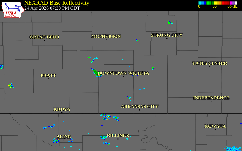 NEXRAD radar during the Friday, April 24, 2026 storm activity in Sedgwick County, Kansas
