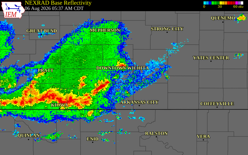 NEXRAD radar during the Thursday, August 6, 2026 storm activity in Sedgwick County, Kansas