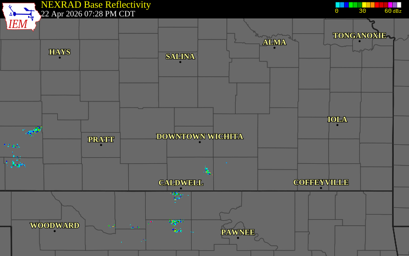 Radar snapshot during the Apr 22, 2026 tornado event near 6 NE Valley Center, Sedgwick County, Kansas, with NWS warning polygons