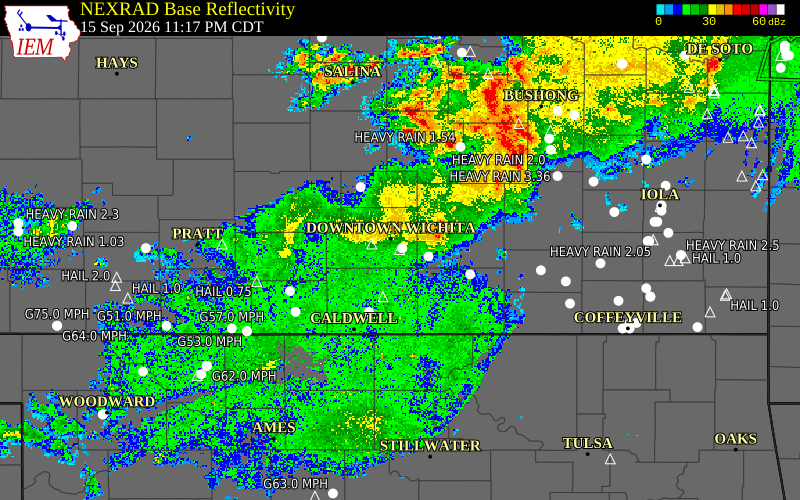 Current NEXRAD radar over Sedgwick County, Kansas with recent storm report locations