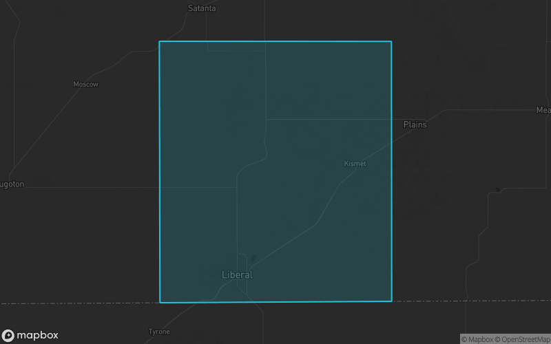 Map of Seward County, Kansas showing the county boundary and surrounding cities