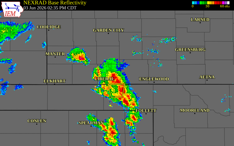 NEXRAD radar during the Wednesday, June 3, 2026 storm activity in Seward County, Kansas