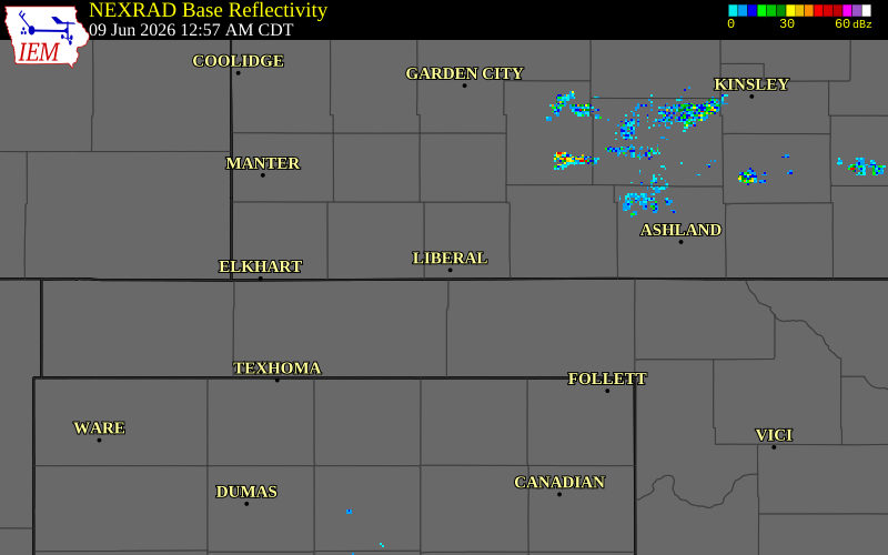 NEXRAD radar during the Tuesday, June 9, 2026 storm activity in Seward County, Kansas