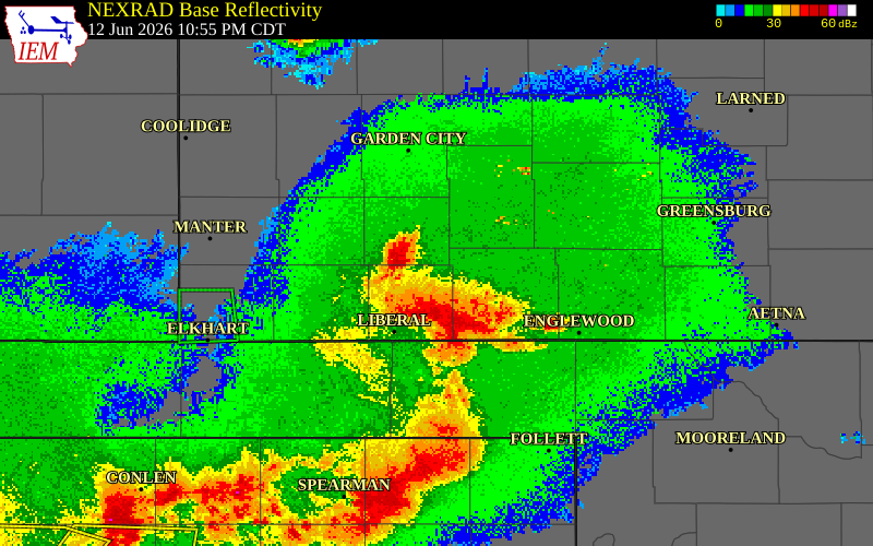 NEXRAD radar during the Friday, June 12, 2026 storm activity in Seward County, Kansas