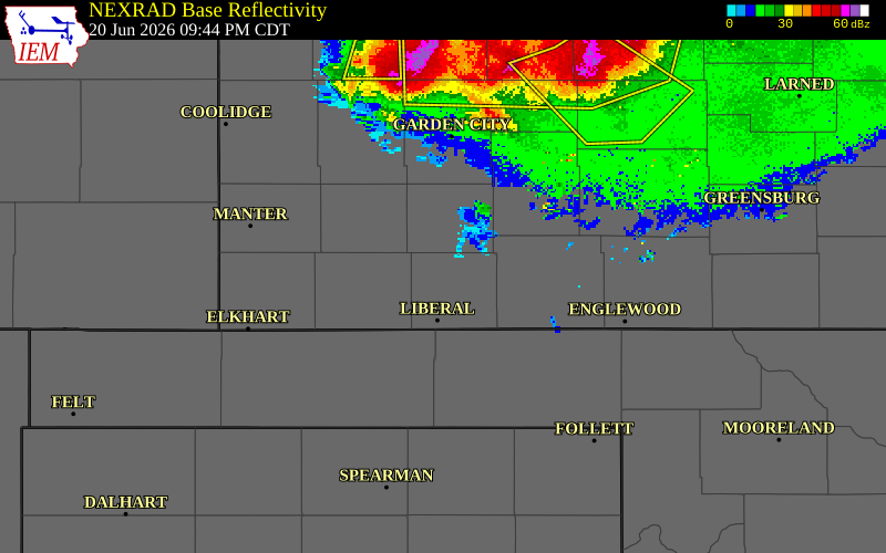NEXRAD radar during the Saturday, June 20, 2026 storm activity in Seward County, Kansas