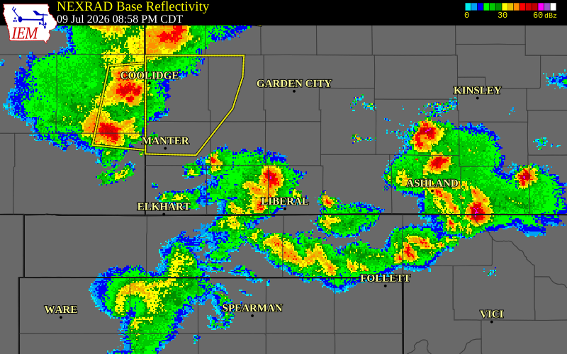NEXRAD radar during the Thursday, July 9, 2026 storm activity in Seward County, Kansas