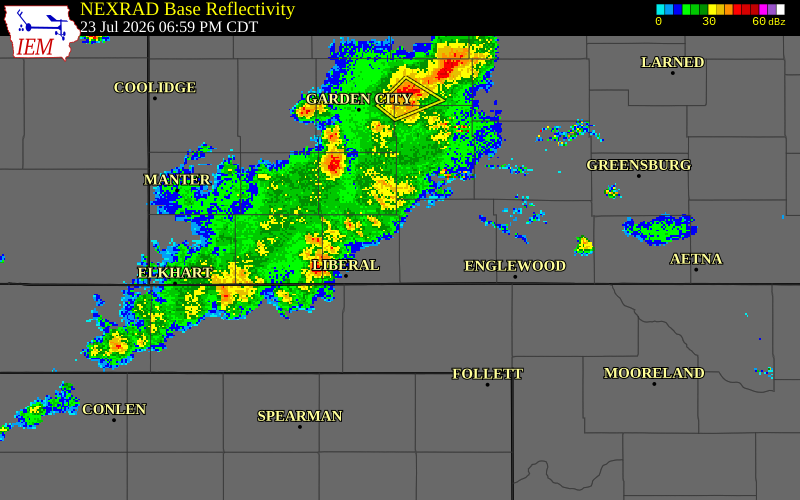 NEXRAD radar during the Thursday, July 23, 2026 storm activity in Seward County, Kansas