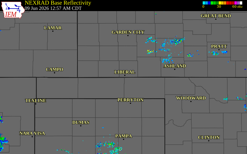 Radar snapshot during the Jun 9, 2026 wind event near 3 SW Liberal, Seward County, Kansas, with NWS warning polygons